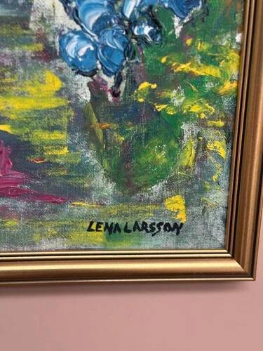 Mid-Century Oil on Canvas “Water Lilies” by Lena Larsson Framed 50 × 42 cm