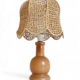 Mid-Century Bohemian Table Lamp, Pine Wood & Raffia, Italy, 1970s