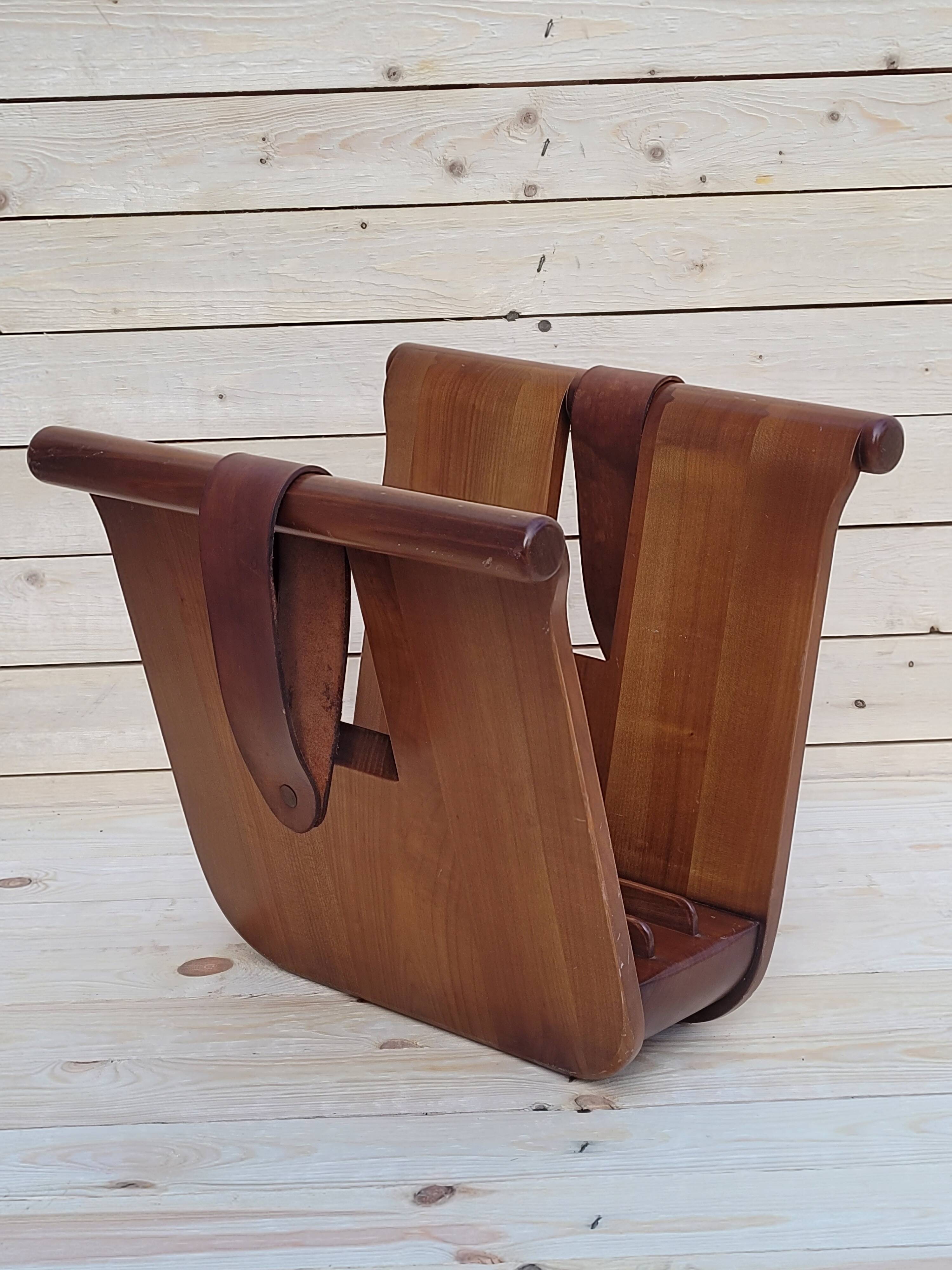Magazine holder or vinyl in wood and leather vintage design 1960/70