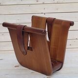 Magazine holder or vinyl in wood and leather vintage design 1960/70