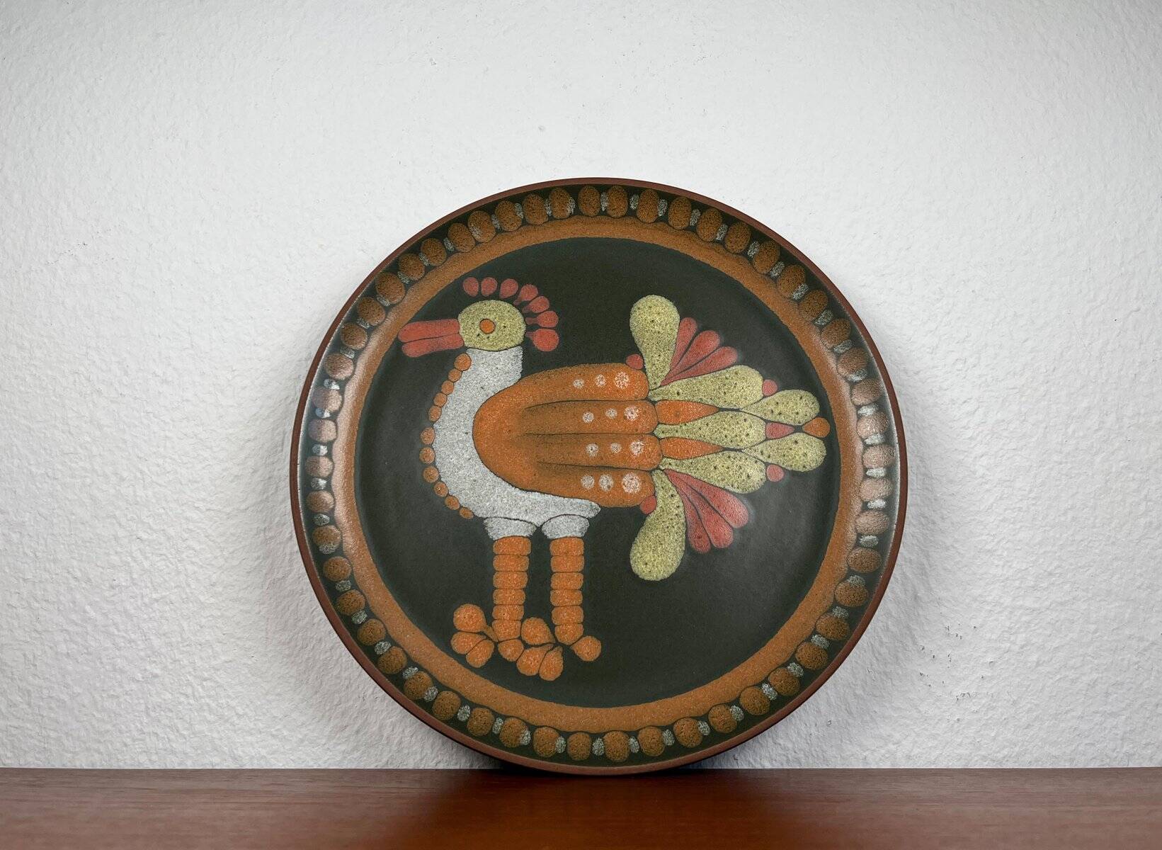 Assiette murale en céramique allemande vintage avec motif d'oiseau de Keramik Manufaktur Kupfermühle, années 1970