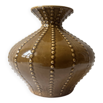 Pyriform vase in glazed ochre ceramic and beads.
