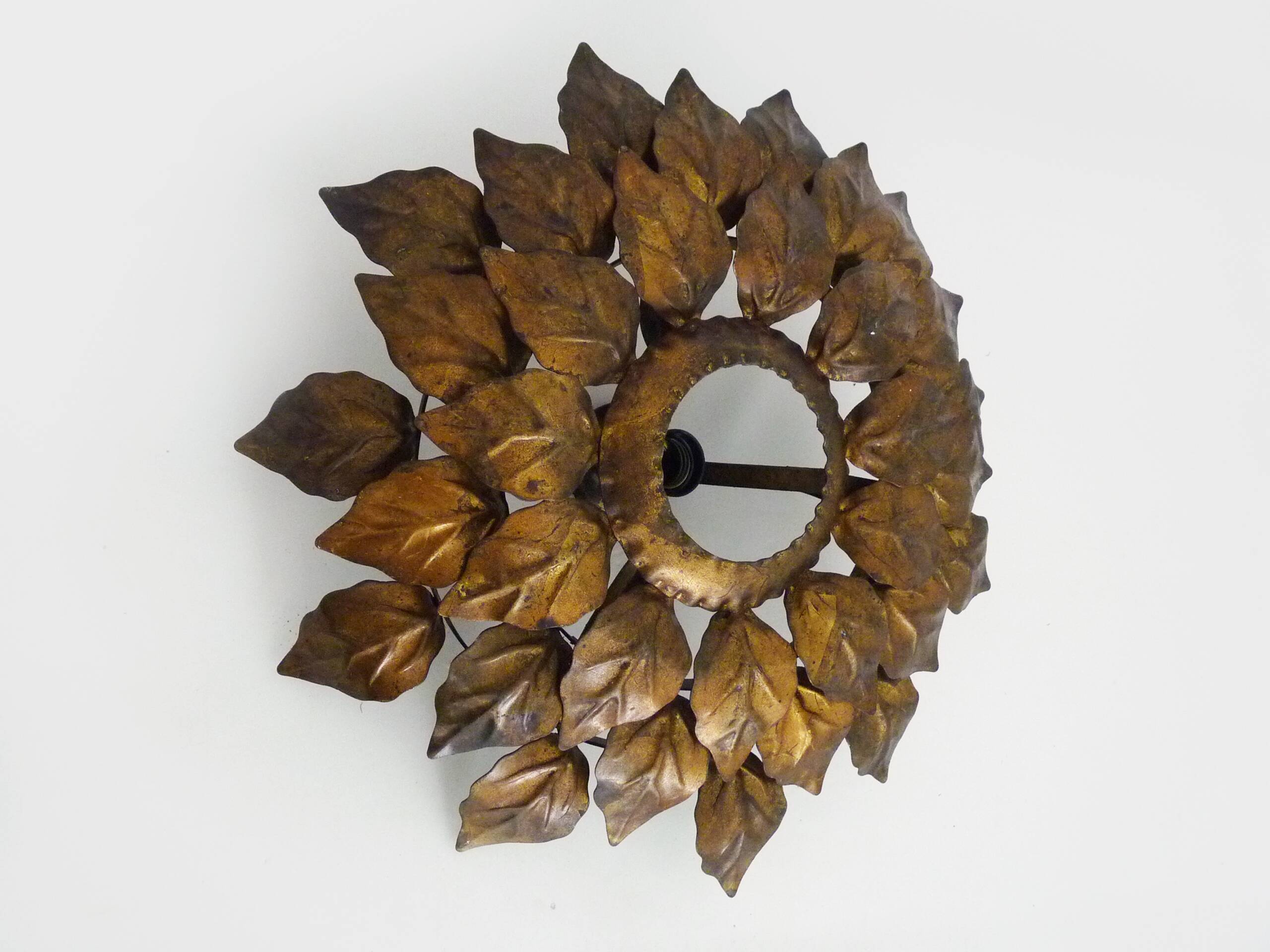 Sun ceiling light, foliage ceiling light in gold metal, vintage ceiling light. 70s