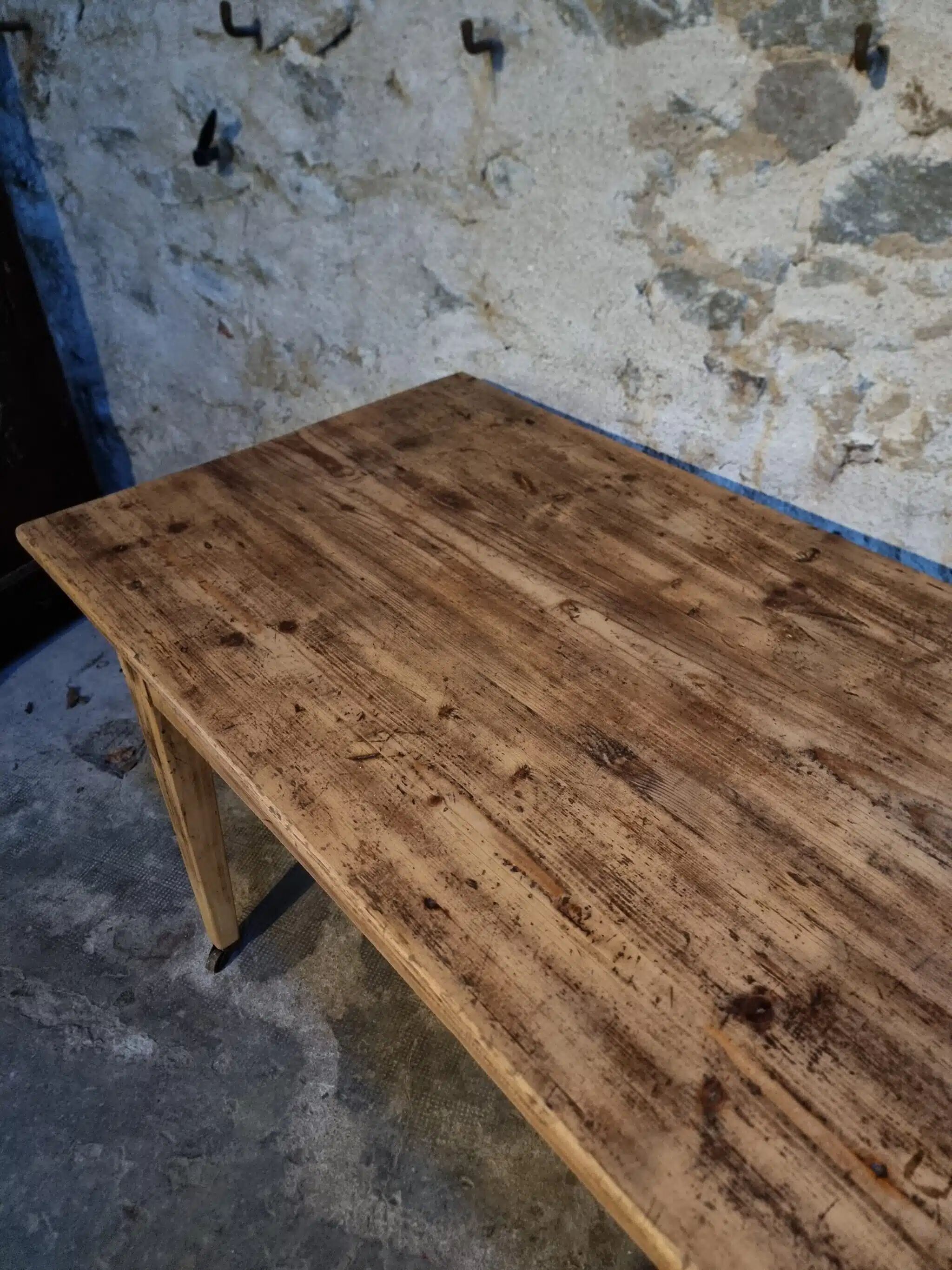 Antique French pine dining table, large farmhouse table on wheels, 19th century.