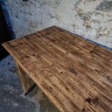 Antique French pine dining table, large farmhouse table on wheels, 19th century.