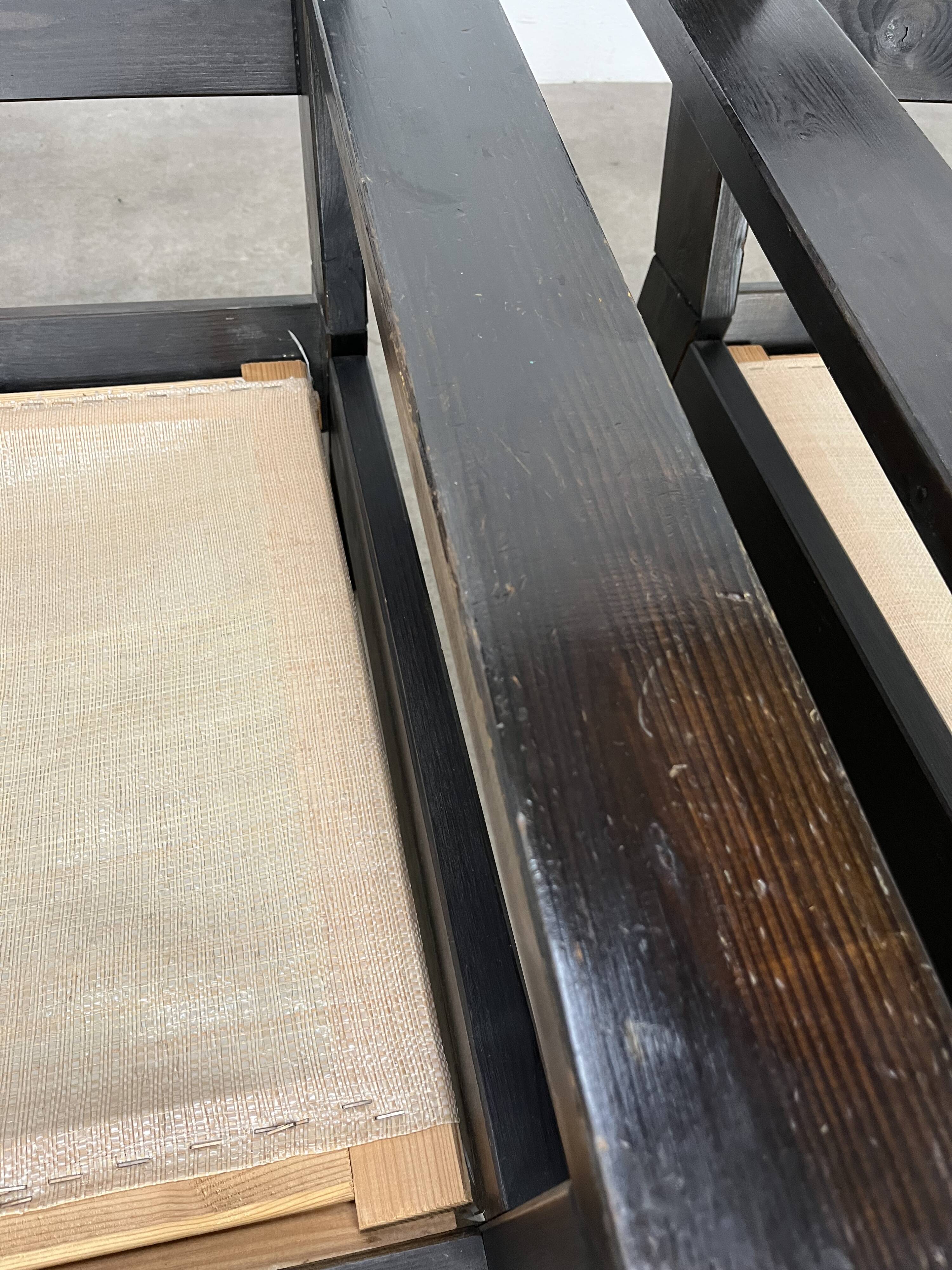 Living room sofa and brutalist armchairs in leather and wood, 70s, chalet style