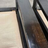 Living room sofa and brutalist armchairs in leather and wood, 70s, chalet style