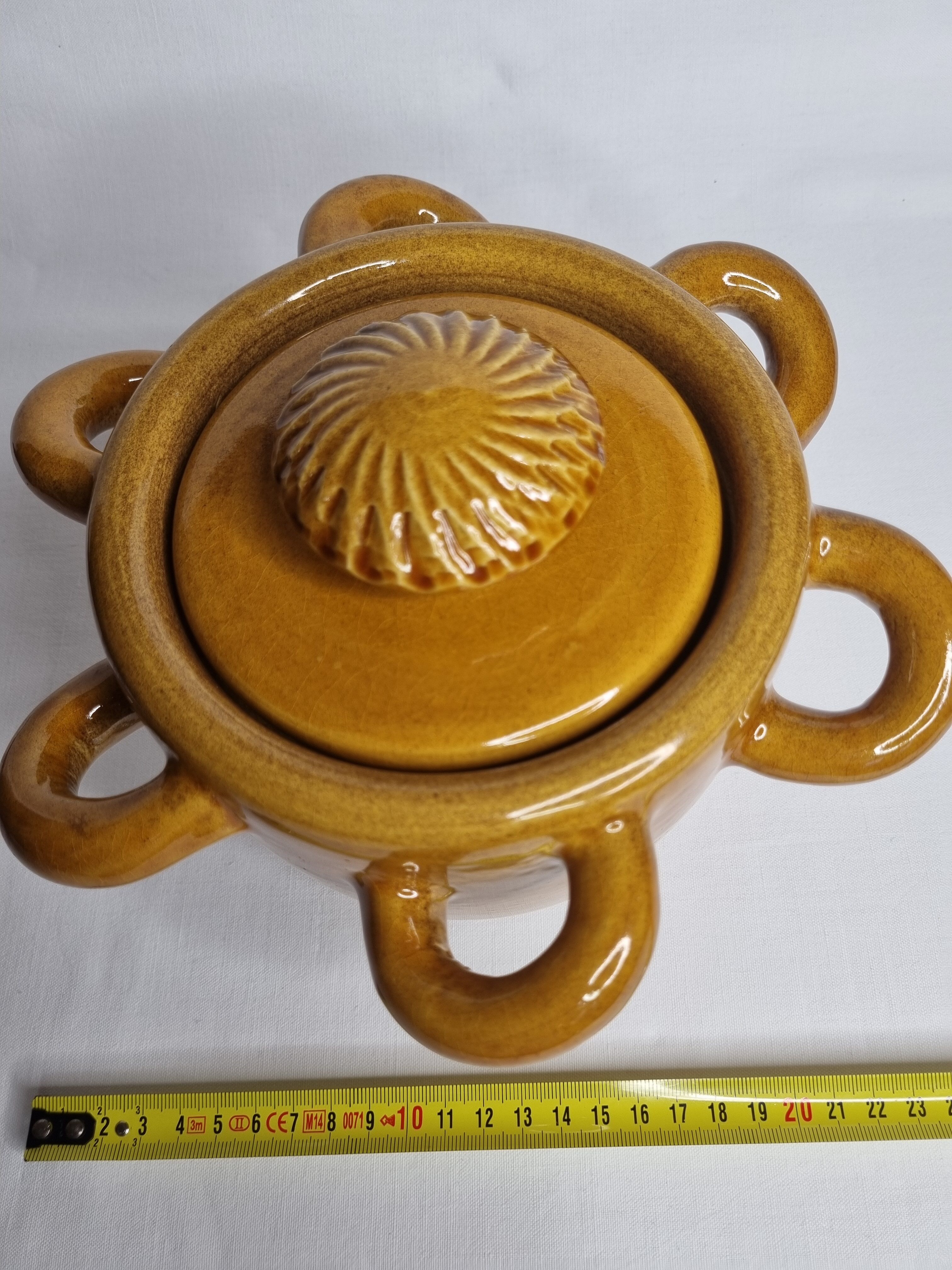 Vintage ceramic pot, ochre, with 8 handles