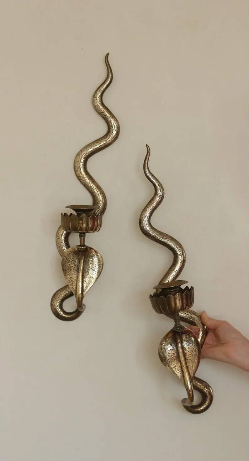 Pair of Egyptian Revival Style Engraved Brass Cobra Sconces