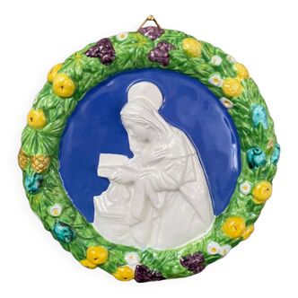 Ceramic tondo The Virgin in slip XX Cantagalli Firenze Italy