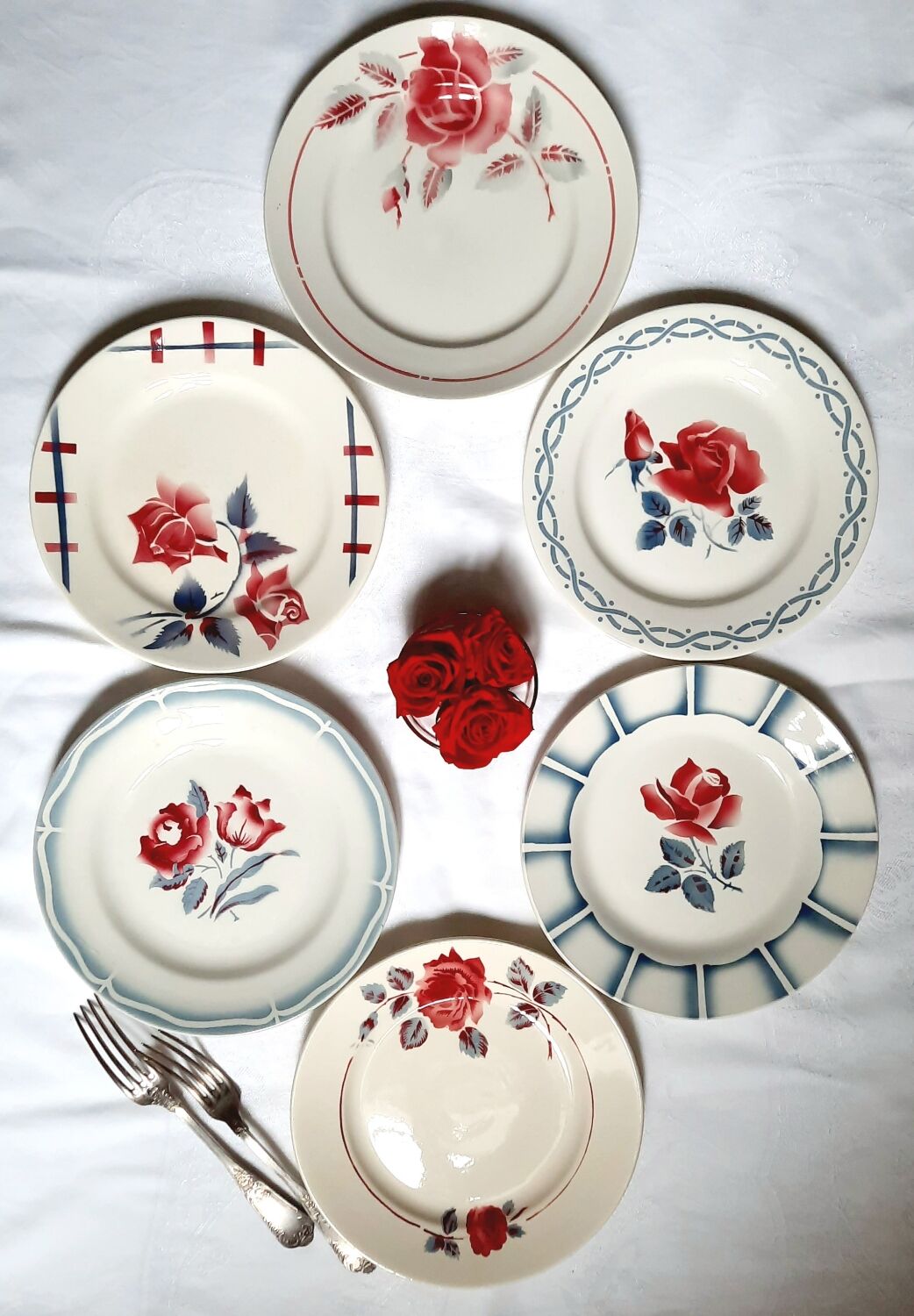 Old flat plates mismatched in earthenware