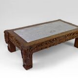 Table basse en chêne massif sculpté de faunes et plateau en marbre gris, France, circa 1940