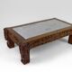 Solid oak coffee table carved with fauns and gray marble top, France, circa 1940