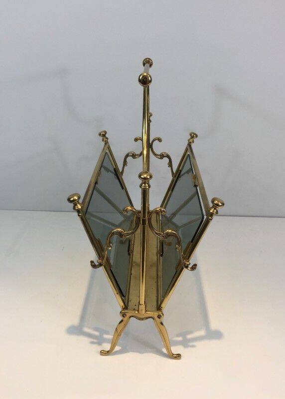 Neoclassical magazine rack in brass and blue glass