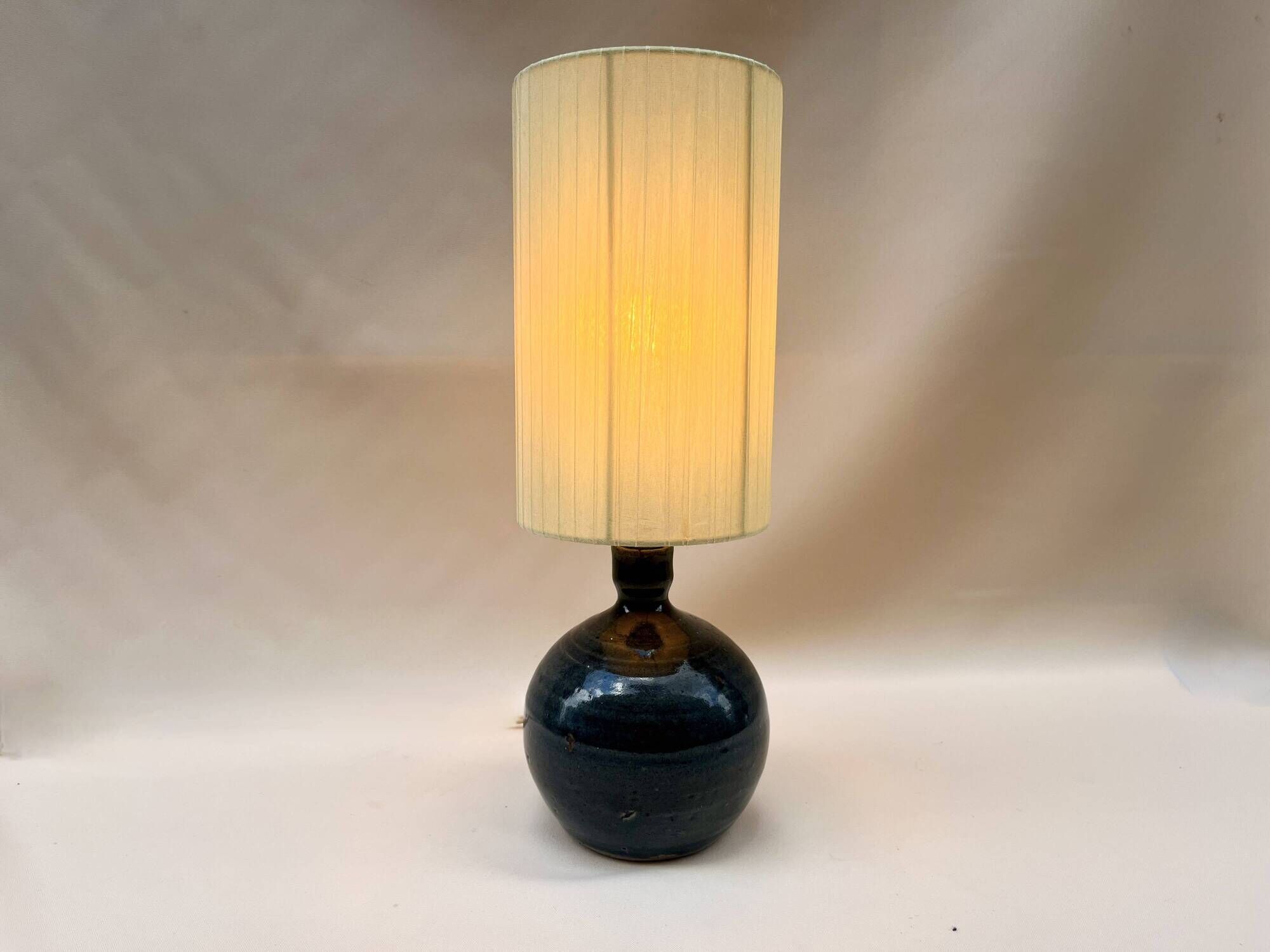 Vintage blue pyrite stoneware lamp 1970s raffia rope lampshade ribbons 70s bohemian