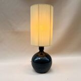 Lampe en grés pyrité bleu vintage 1970 abat-jour corde raphia rubans années 70 bohème