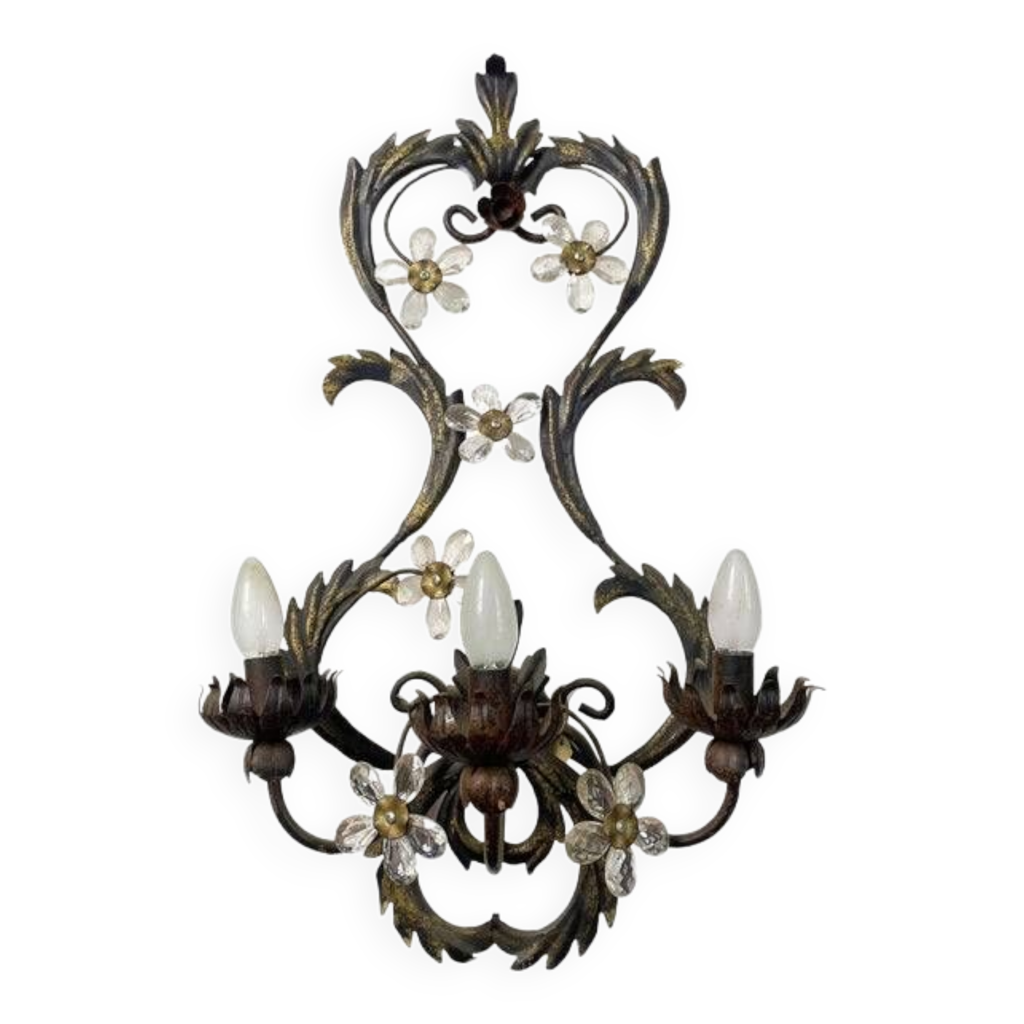 Contemporary brunito and rush florentine wrought iron wall lamp with floreal crystals
