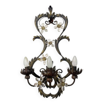 Contemporary brunito and rush florentine wrought iron wall lamp with floreal crystals