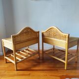 Pair of vintage 80s bedside tables in light rattan.