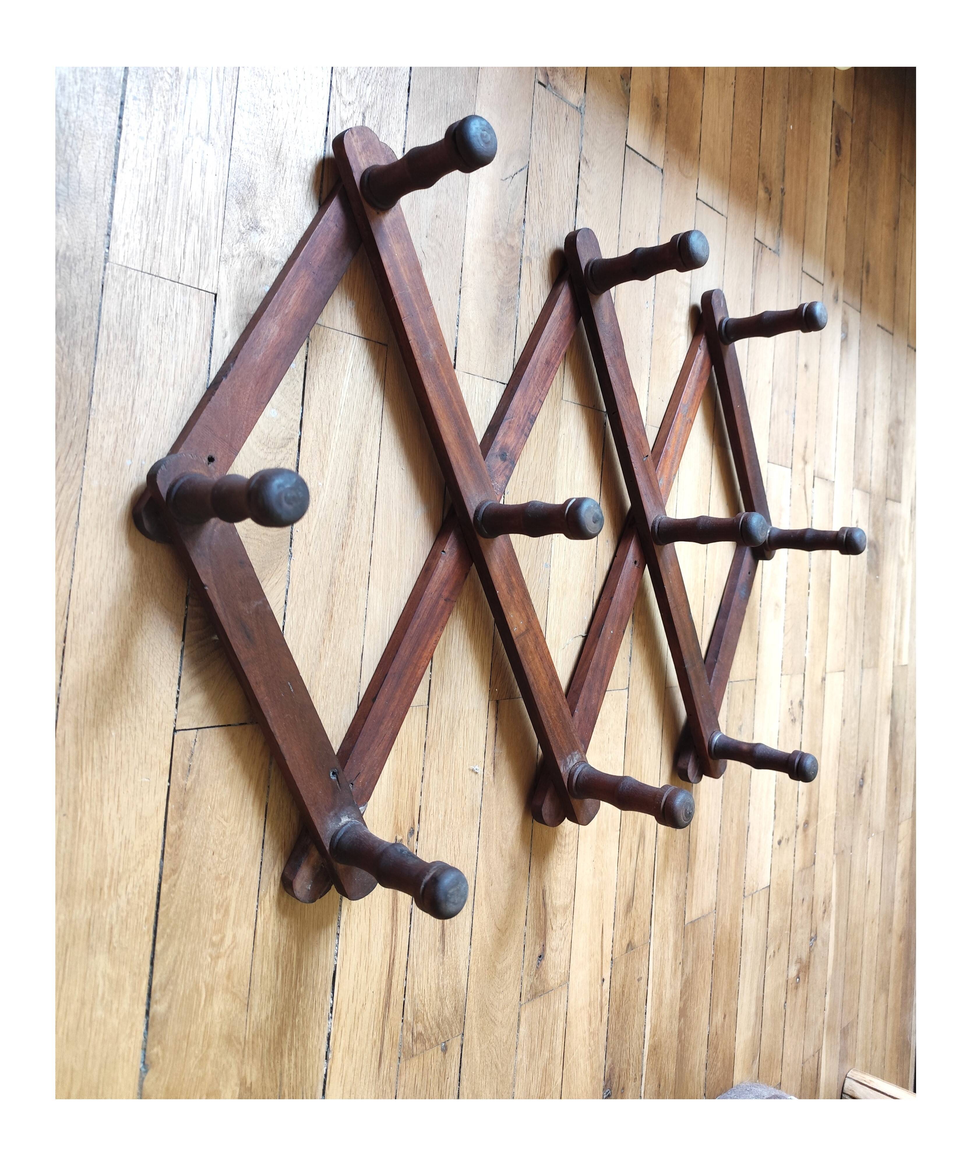 Old telescopic wooden wall coat rack - 10 accordion hook coat rack