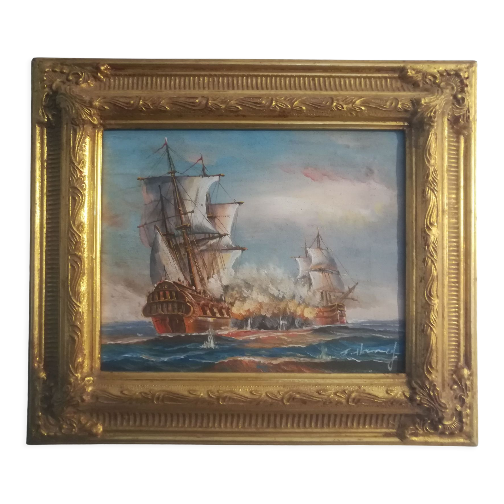 Oil on canvas signed Haney marine in gold frame