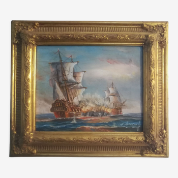 Oil on canvas signed Haney marine in gold frame