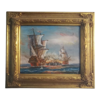 Oil on canvas signed Haney marine in gold frame