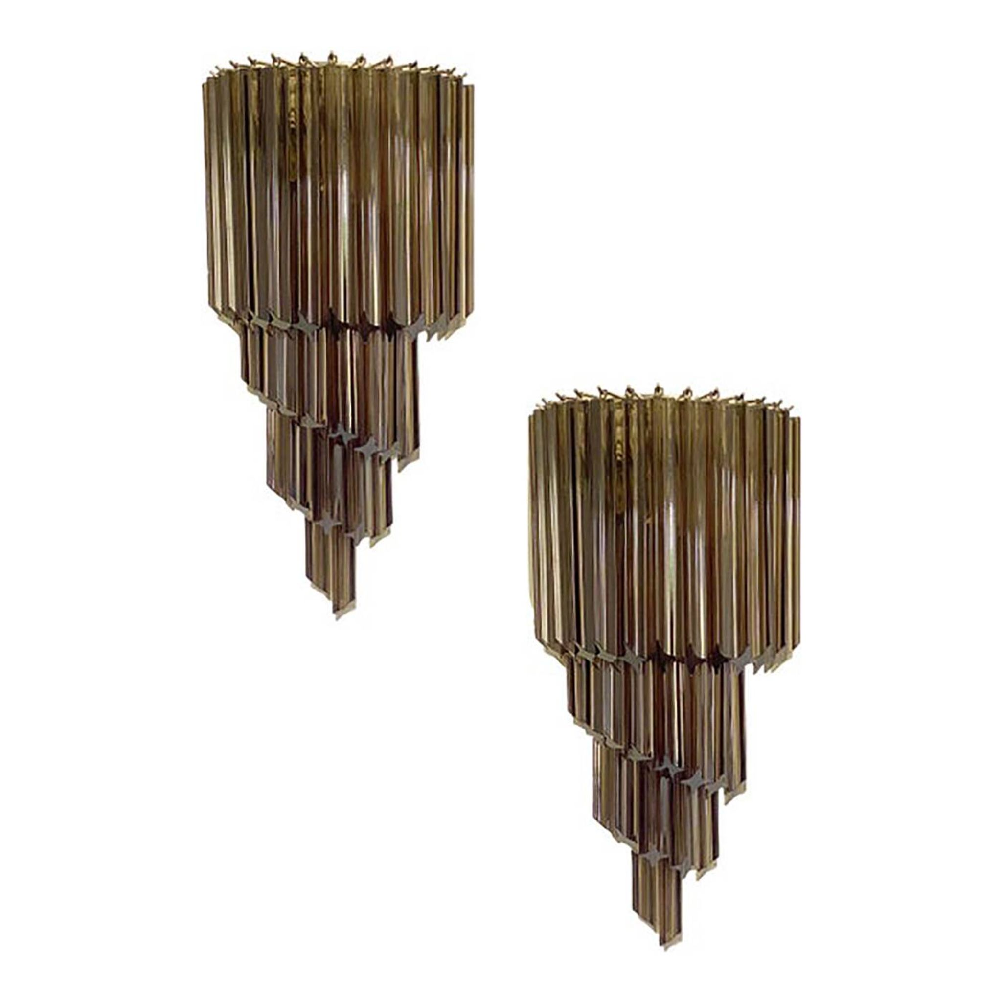 Set of Two Venetian Fumè "Quadriedro" Murano Glass Wall Sconces