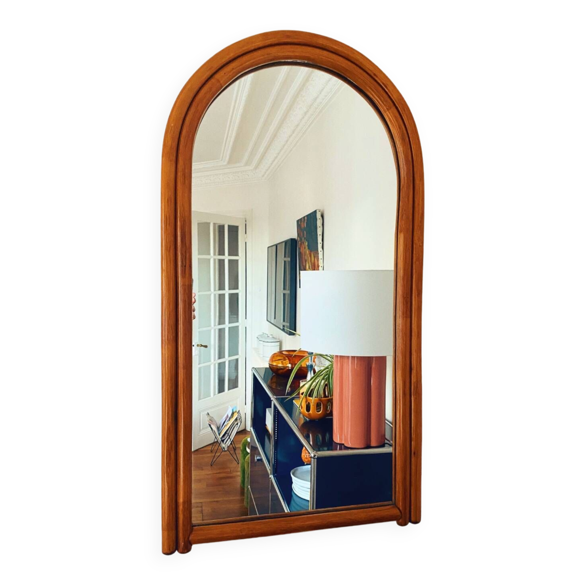 Large Scandinavian style arc wall mirror in bamboo