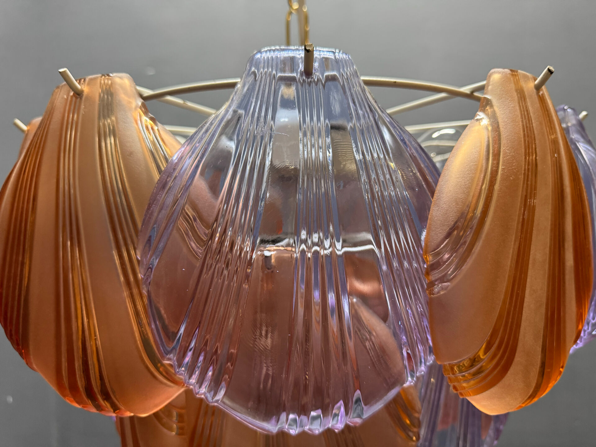 1980s Retro Murano Glass Shell Chandelier in Amber and Lavender, Italy