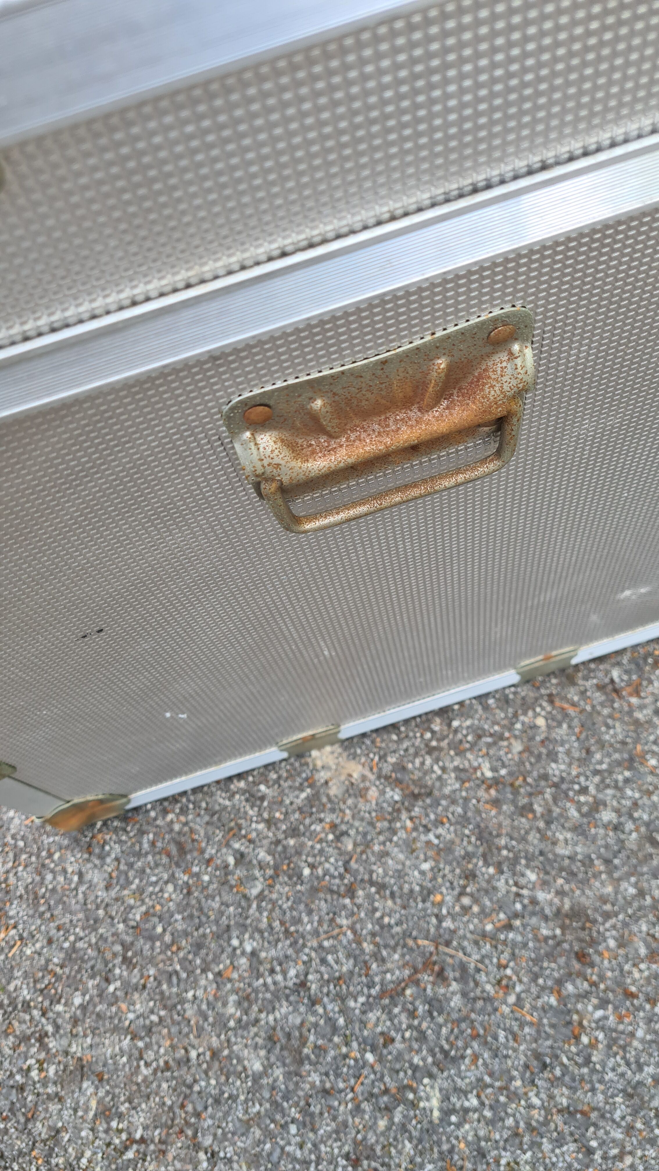 Old metal aluminum trunk / mail trunk / industrial / interior fabric
