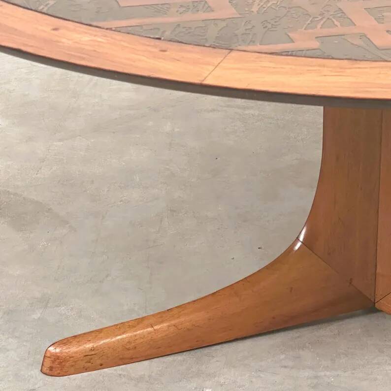 Vintage Wooden Coffee Table with Engraved Brass Top – 1970s