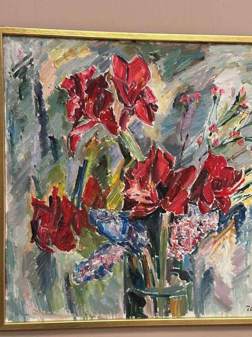 Original Swedish Oil On Canvas – “Amaryllis And Hyacinths” By Harry Thomander – Vintage & Framed – 64 × 65 Cm (25.2" × 25.6")