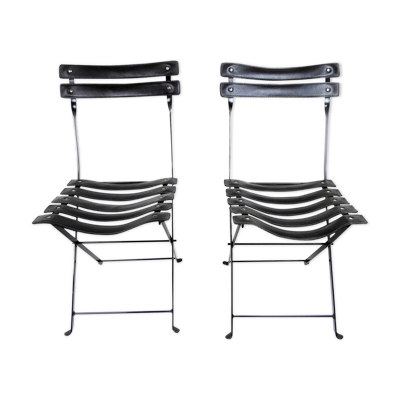 2 chaises pliantes cuir et métal - Paquebot France 1960