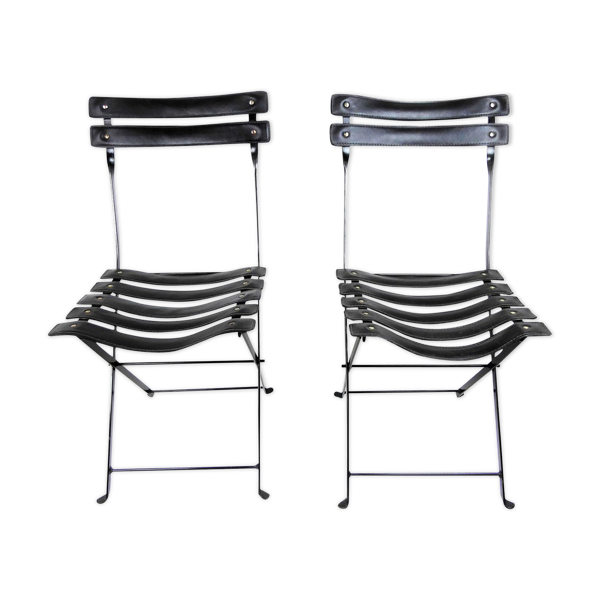 2 chaises pliantes cuir et métal - Paquebot France 1960