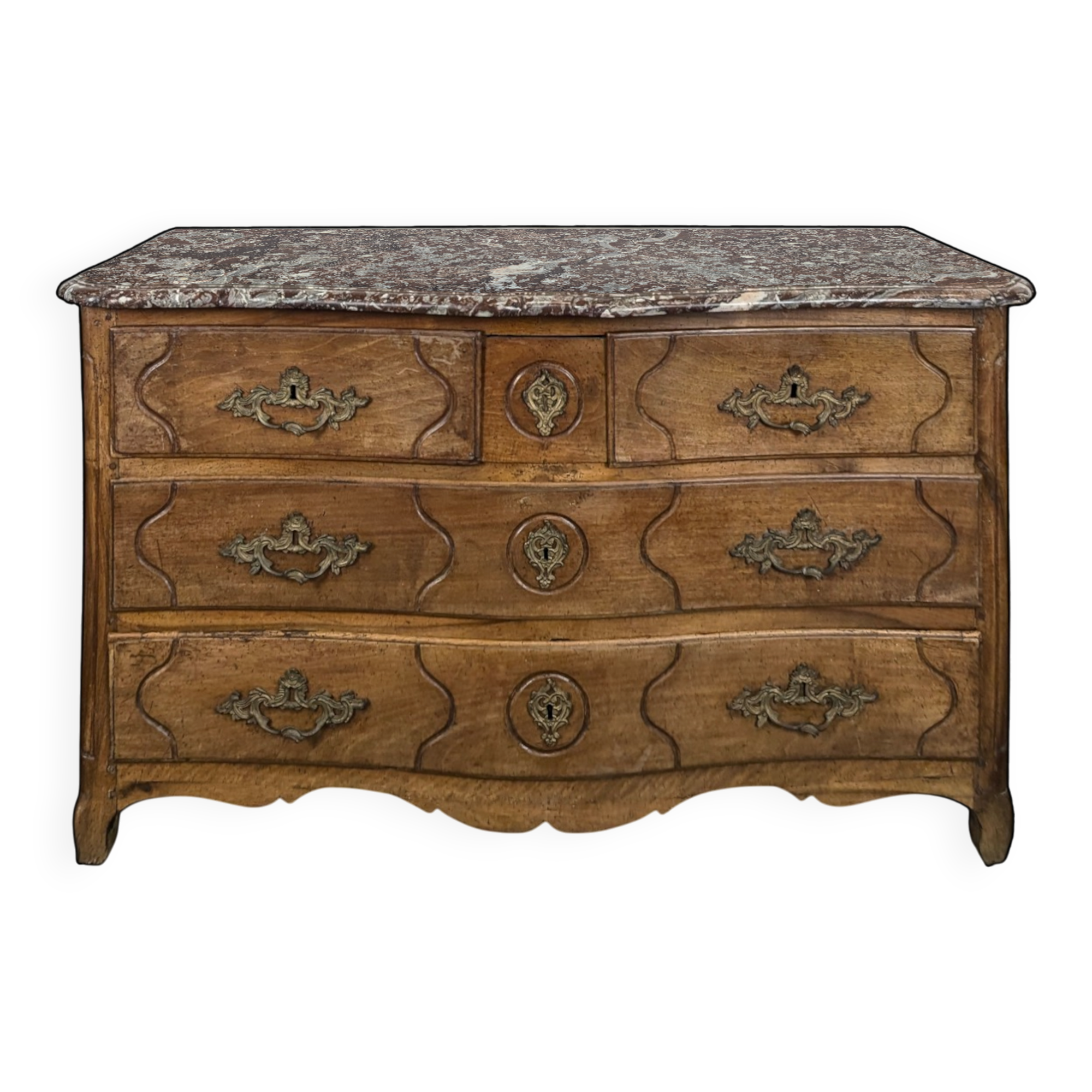 Commode Louis XV galbée en noyer dessus marbre XVIIIe