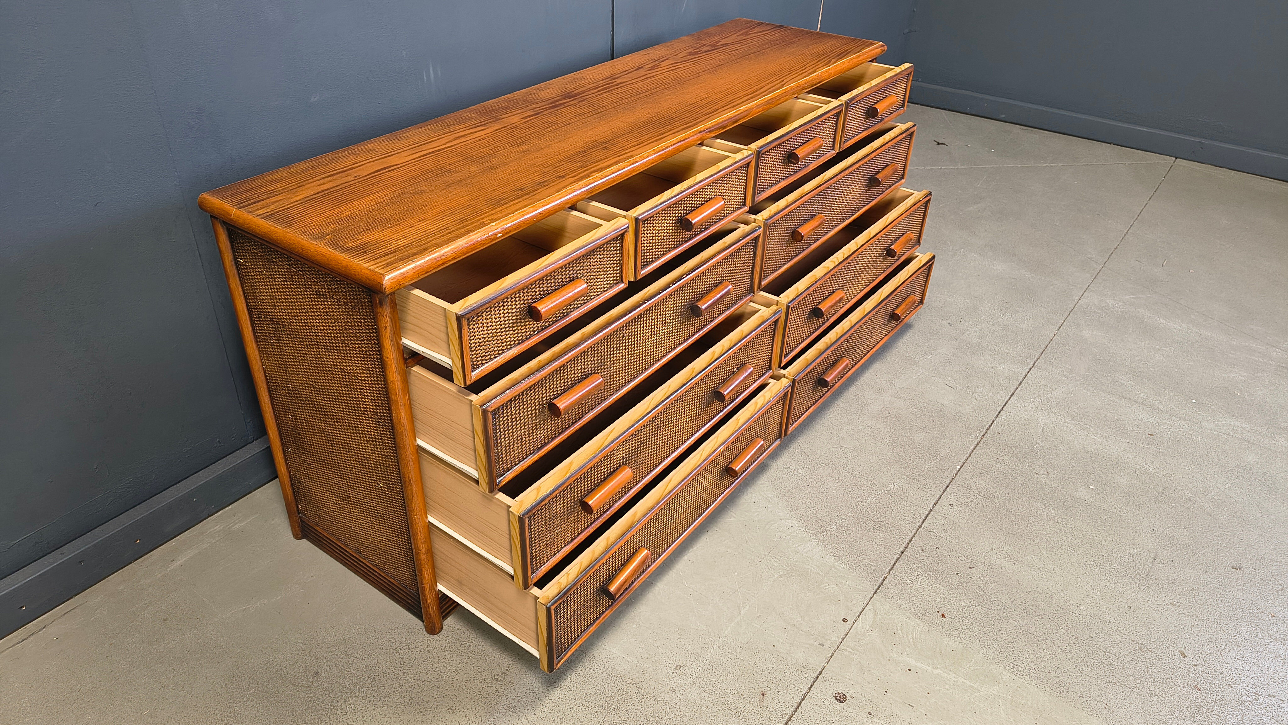 Vintage rattan and bamboo chest of drawers, 1970s