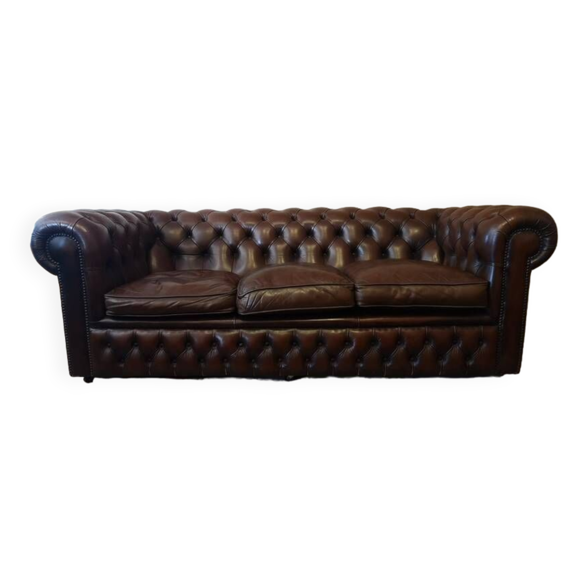 Vintage three-seater brown leather Chesterfield sofa