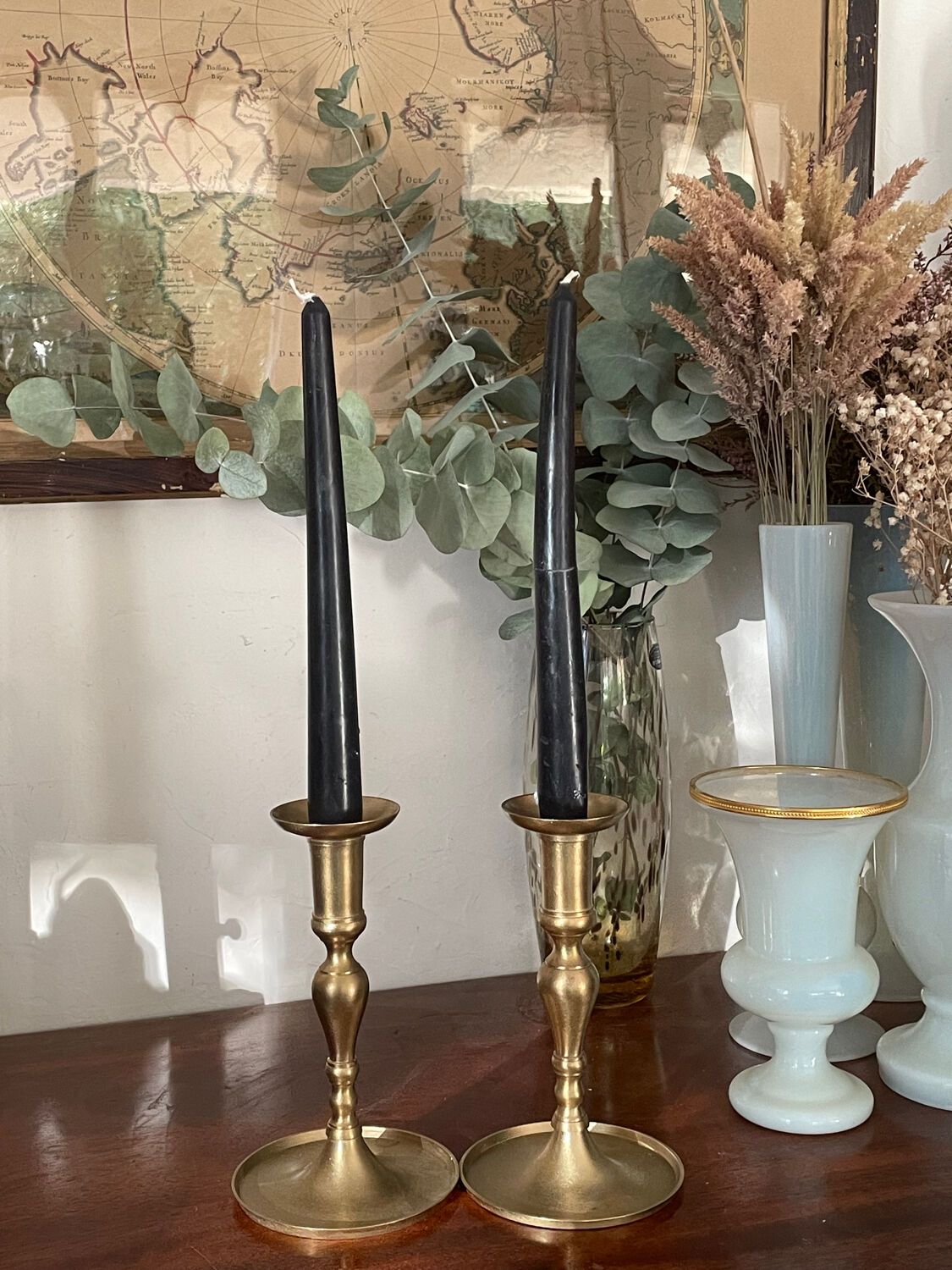 Pair of brushed brass candle holders