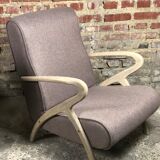 Chairs (pair) in curved rough oak and beige and brown woven mottled fabrics