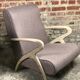 Chairs (pair) in curved rough oak and beige and brown woven mottled fabrics