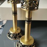 Pair of Hebrew Candlesticks. In antique gold-plated brass. Signed FFS Israel
