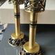 Pair of Hebrew Candlesticks. In antique gold-plated brass. Signed FFS Israel