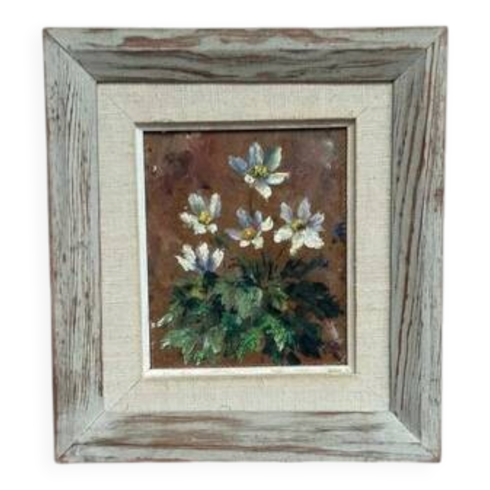 Mid-Century Oil on Panel “Flowers” by Unknown Artist, Vintage & Framed 20 × 23cm