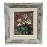 Huile sur panneau de style mi-siècle « Fleurs » par un artiste inconnu, vintage et encadrée 20 × 23 cm