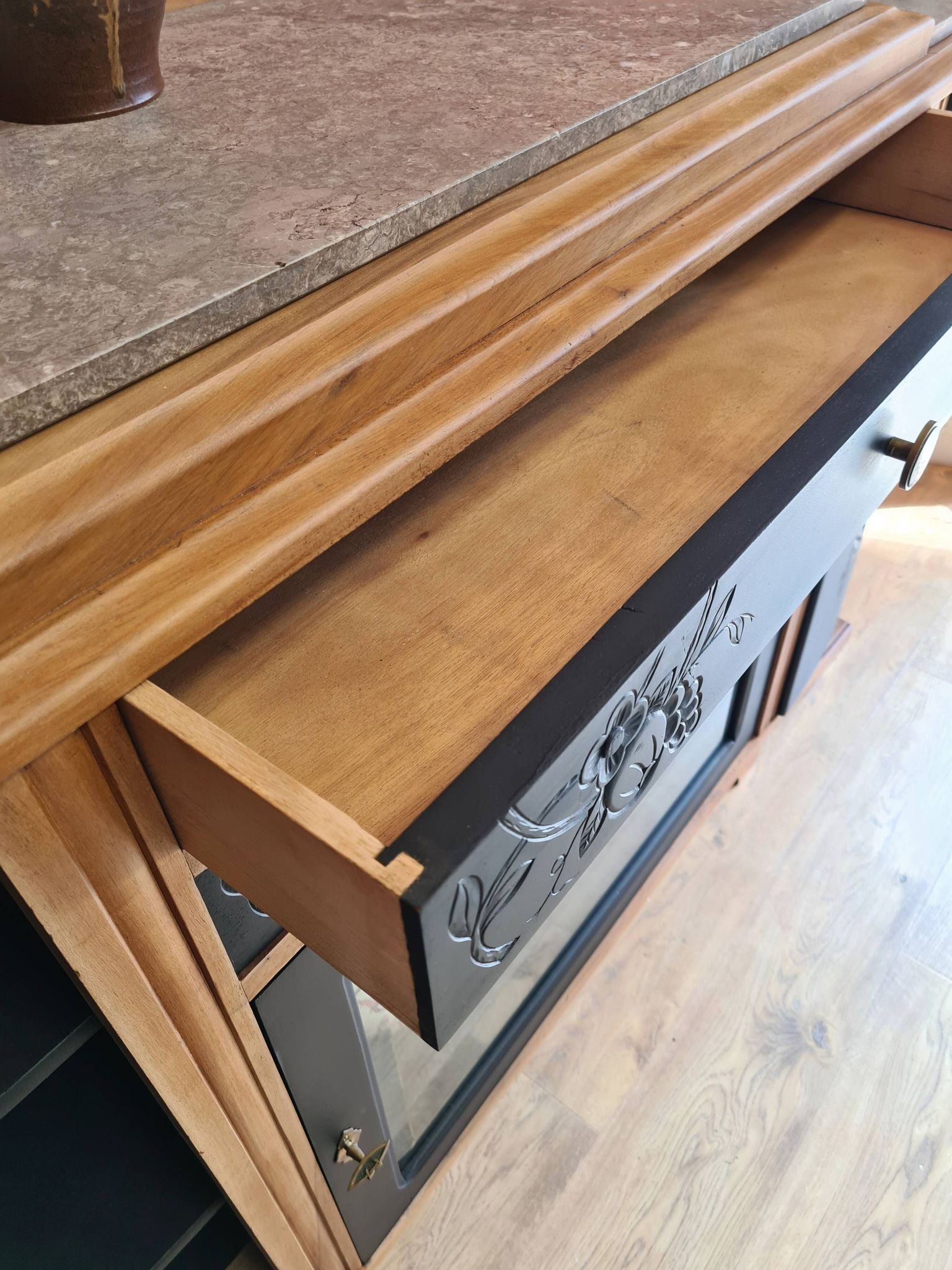 Renovated art deco walnut sideboard with beveled glass door and marble tops