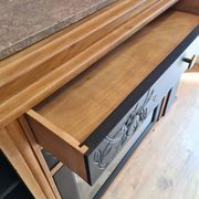 Renovated art deco walnut sideboard with beveled glass door and marble tops