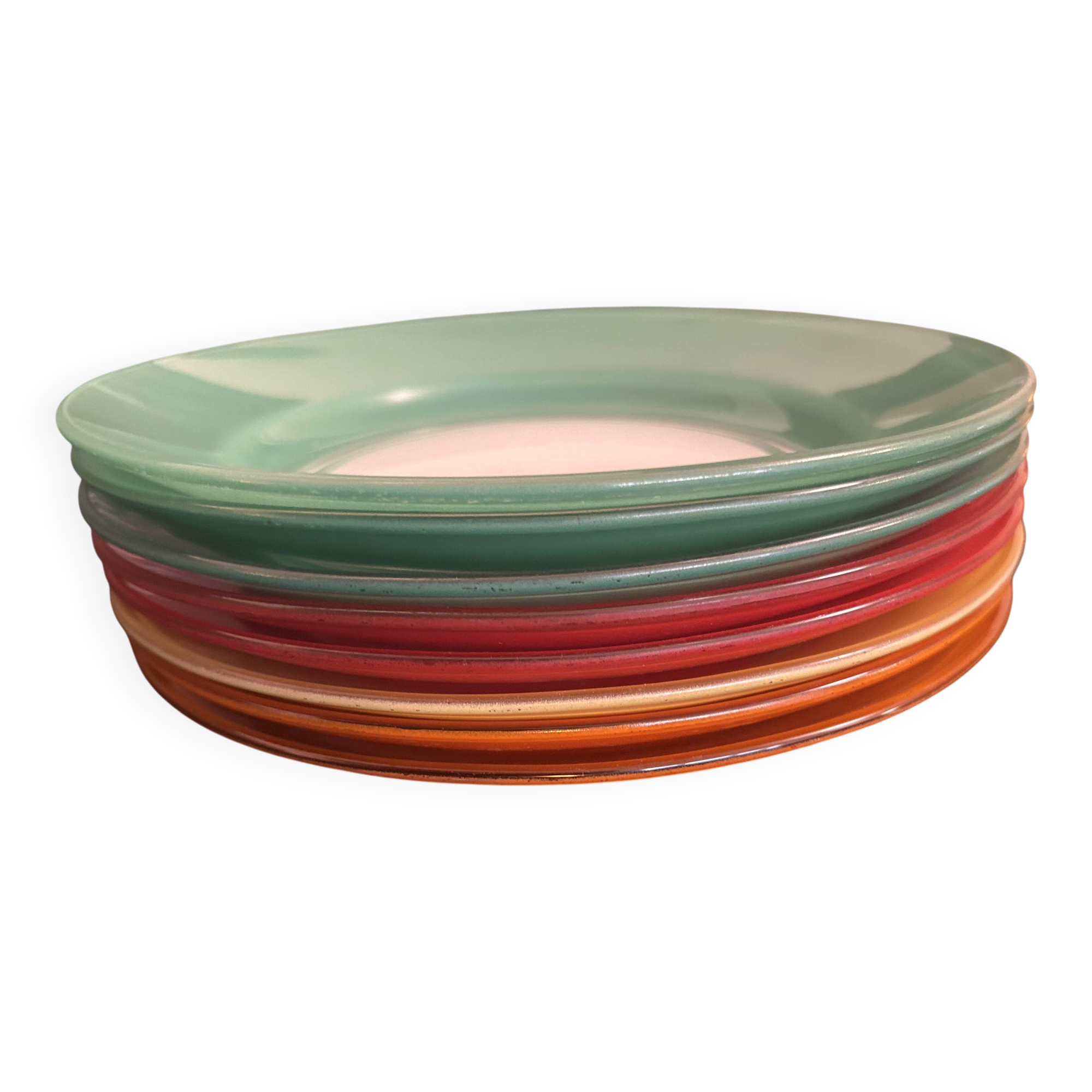8 vintage Duralex deep plates from France – coloured glass from the 70s –