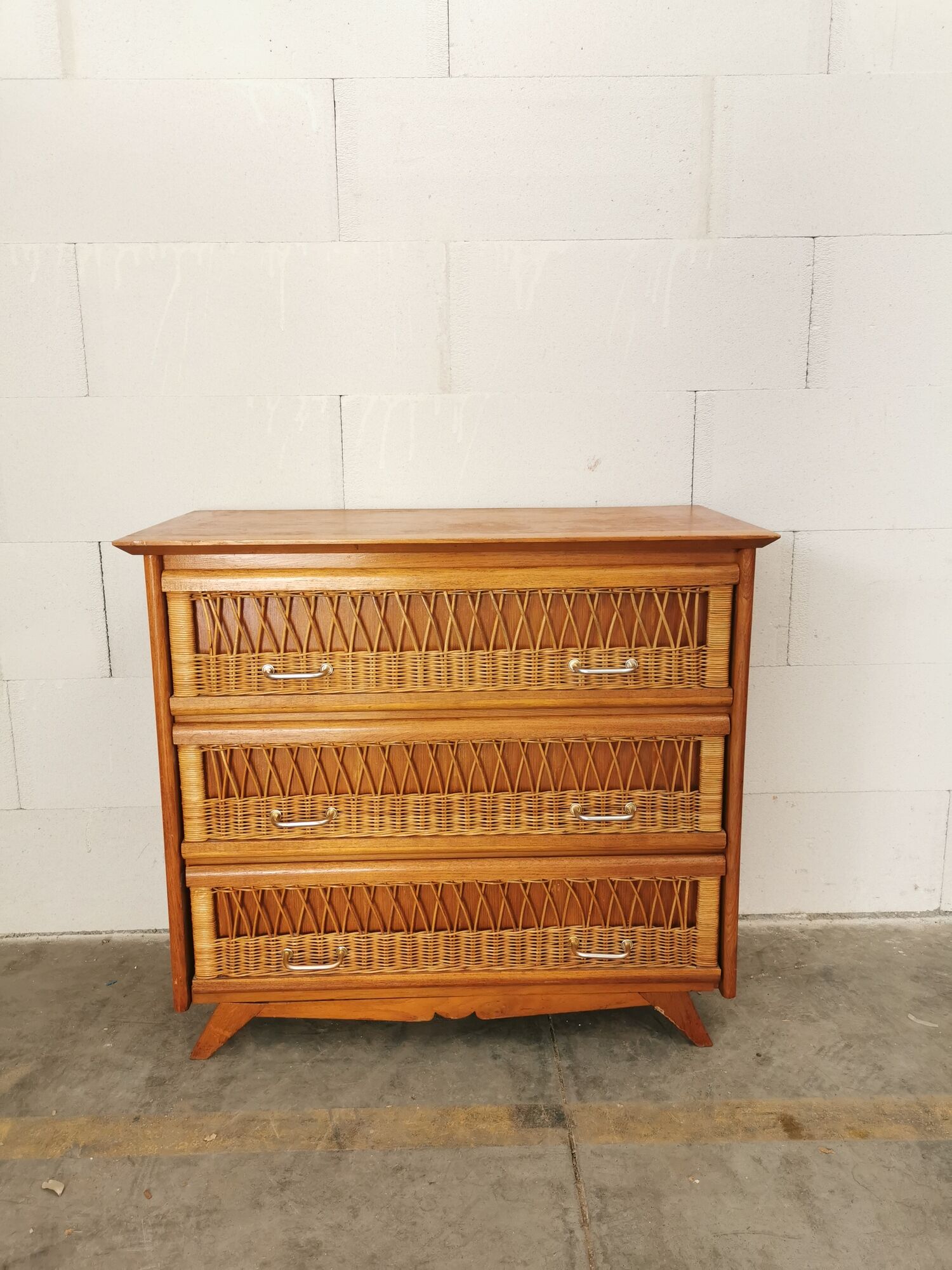 Vintage wood and rattan chest of drawers