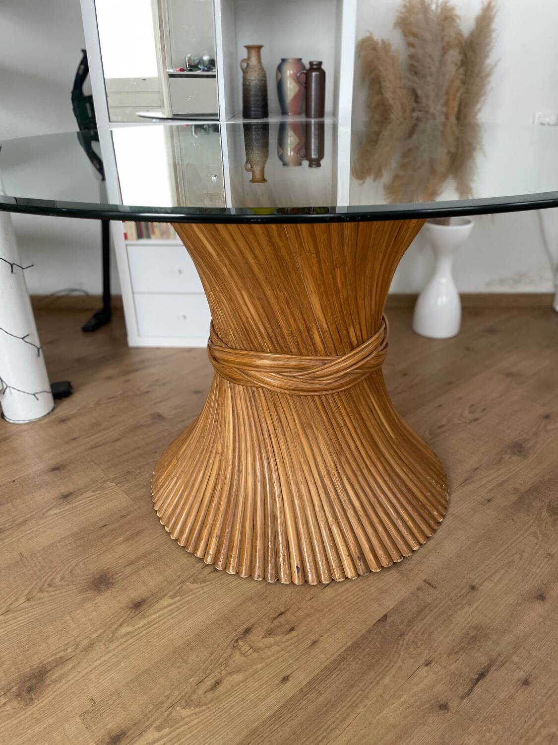 McGuire Bamboo Table – wheat sheaf base, round glass top